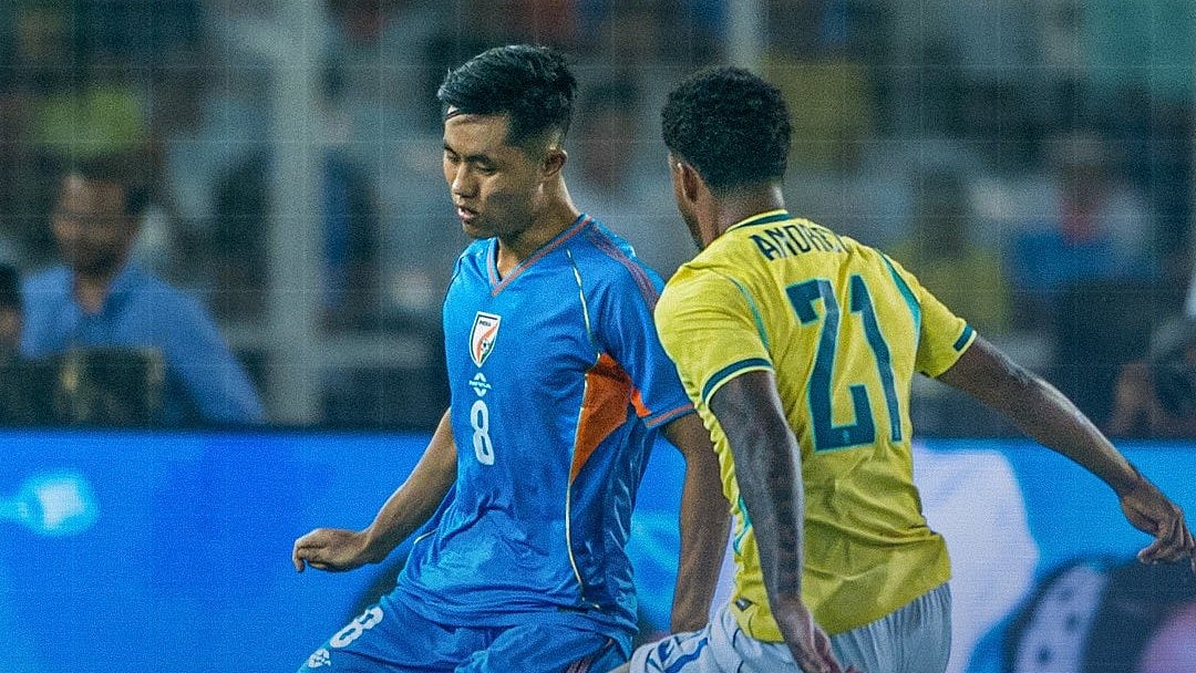 Indian footballers in action against Brazil in the International Friendly at Kolkata.  - IndianFootball/X