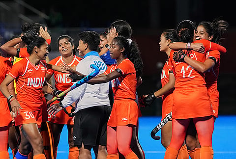 Team India players celebrate their win against team China after the women's hockey gold medal match at the Asian Games in Gifu, Japan, Friday, Oct. 2, 2026.  
