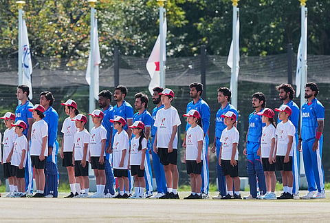 Team India line up during the gold medal cricket match between India and Pakistan at the Asian Games in Nagoya, Japan, Saturday, Oct. 3, 2026. 
