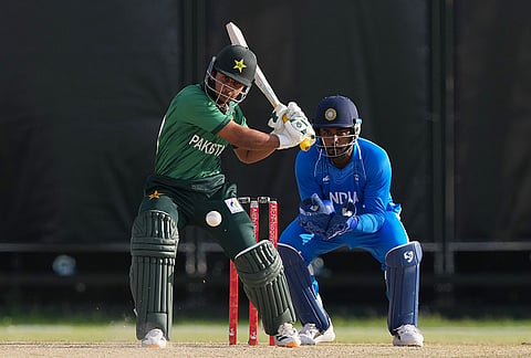 Pakistan's Saim Ayub plays a shot during the gold medal cricket match between India and Pakistan at the Asian Games in Nagoya, Japan, Saturday, Oct. 3, 2026.