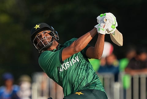 Pakistan's Hasan Nawaz plays a shot during the gold medal cricket match between India and Pakistan at the Asian Games in Nagoya, Japan, Saturday, Oct. 3, 2026. 