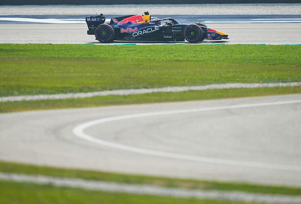 Red Bull driver Max Verstappen of the Netherlands steers his car 