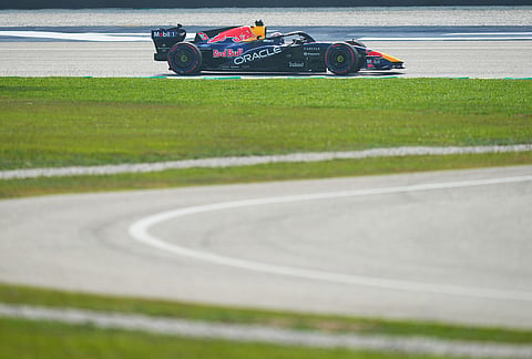Red Bull driver Max Verstappen of the Netherlands steers his car during the qualifying session for the Bahrain Grand Prix in Sepang, Malaysia, Saturday, Oct. 3, 2026. 
