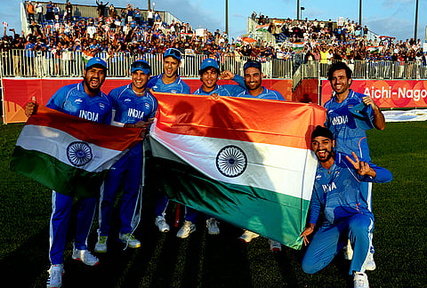 India's team celebrates after winning the final T20I cricket match against Pakistan, at the 20th Asian Games, in Nisshin, Japan, Saturday, Oct. 3, 2026. 