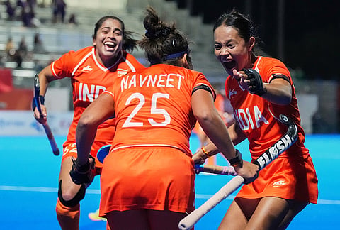 Team India players celebrate their win against team China after the women's hockey gold medal match at the Asian Games in Gifu, Japan, Friday, Oct. 2, 2026.
