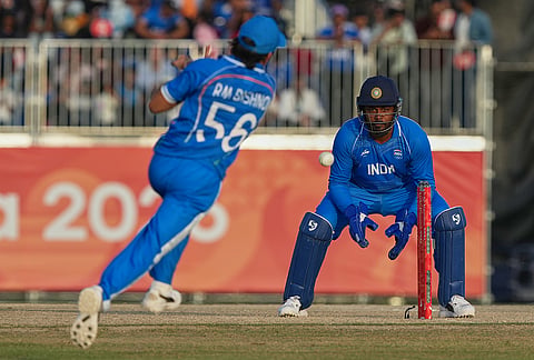 India's Sanju Samson in wicket keeping action during the gold medal cricket match between India and Pakistan at the Asian Games in Nagoya, Japan, Saturday, Oct. 3, 2026. 