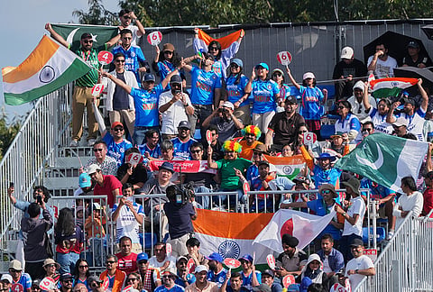Indian ans Pakistani supporters during the gold medal cricket match between India and Pakistan at the Asian Games in Nagoya, Japan, Saturday, Oct. 3, 2026.
