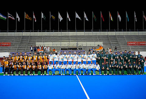 From left, players from silver medalist Malaysia, gold medalist India and bronze medalist Pakistan pose during the men's hockey medal ceremony at the Asian Games in Gifu, Japan, Saturday, Oct. 3, 2026.