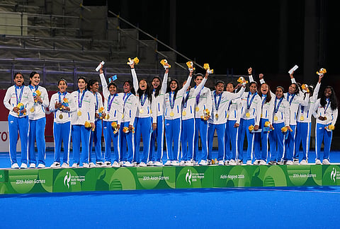 Gold medalists India celebrate on the podium during the medal ceremony after the women's hockey finals at the Asian Games in Gifu, Japan, Friday, Oct. 2, 2026. 