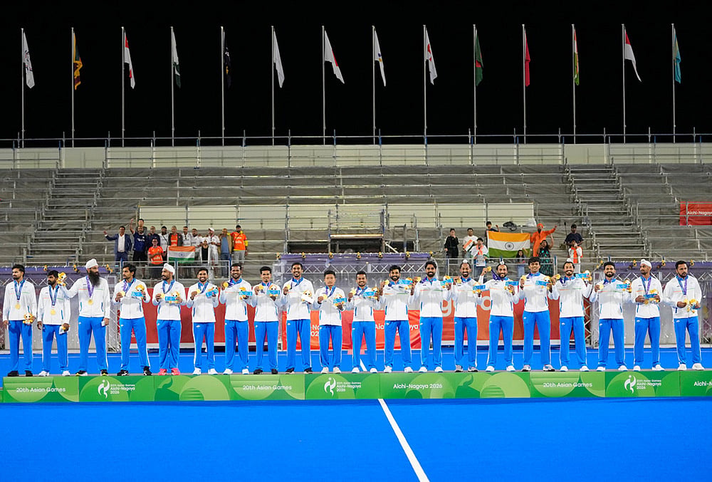 Gold medalist India celebrate during the mens hockey medal ceremony