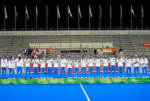 Gold medalist India celebrate during the men's hockey medal ceremony at the Asian Games in Gifu, Japan, Saturday, Oct. 3, 2026. 