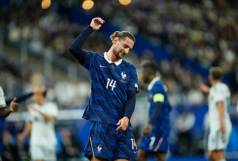 France's Adrien Rabiot reacts during the UEFA Nations League Group A soccer match between France and Italy in Saint-Denis near Paris, Friday, Oct. 2, 2026. 
