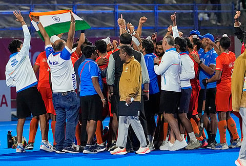 Team India celebrate their gold medal after the men's hockey final match at the Asian Games in Gifu, Japan, Saturday, Oct. 3, 2026. 