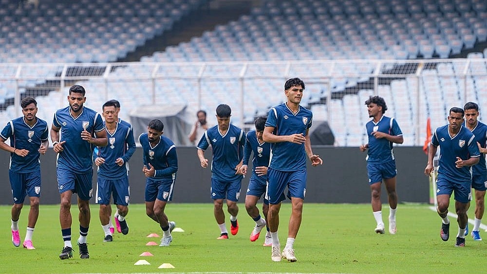 Members of the Indian men's national football team during a training session on the eve of their international friendly match against Brazil, at Vivekananda Yuba Bharati Krirangan (Salt Lake Stadium), in Kolkata. - | Photo: PTI/Manvender Vashist Lav