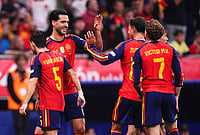 | Photo: AP/Manu Fernandez : Spain's Mikel Merino celebrates with teammates after scoring his sides third goal during the UEFA Nations League soccer match between Spain and Czechia in Oviedo, Spain, Saturday, Oct. 3, 2026.