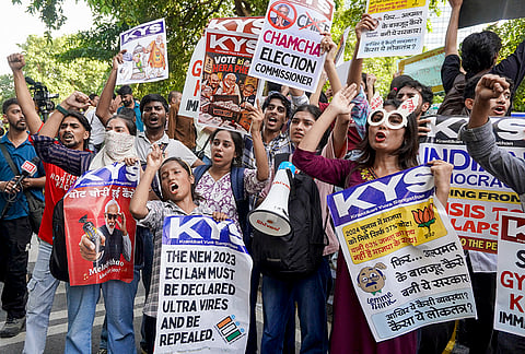Student activists gather near Ashoka Road during a protest demanding the removal of Chief Election Commissioner (CEC) Gyanesh Kumar, in New Delhi.