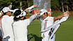 (Natsumi Yasumoto/Kyodo News via AP) : South Korea's Tom Kim, right, also known as Kim Joo-hyung, celebrates after winning the men’s singles in golf at the Asian Games in Kasugai, central Japan, Saturday, Oct. 3, 2026.