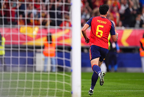Spain's Mikel Merino celebrates after scoring his sides third goal during the UEFA Nations League soccer match between Spain and Czechia in Oviedo, Spain, Saturday, Oct. 3, 2026. 
