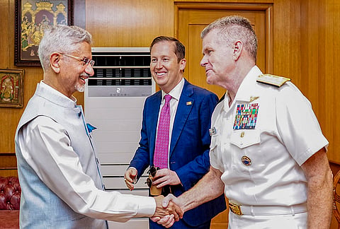 Union External Affairs Minister S Jaishankar meets US Indo-Pacific Command Commander Admiral Samuel J Paparo, in New Delhi. US Ambassador to India Sergio Gor is also seen. 
