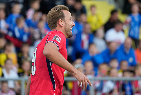 England's Harry Kane celebrates after scoring first goal during the Nations League soccer match between Croatia and England in Rijeka, Croatia, Saturday, Oct. 3, 2026