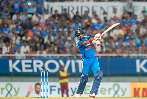 India's KL Rahul plays a shot during the third and final One Day International (ODI) cricket match of a series between India and West Indies, in Mullanpur, Saturday, Oct. 3, 2026. 
