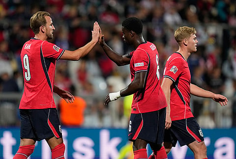 England's Harry Kane, left, and Marc Guehi reacts after the fifth goal during the Nations League soccer match between Croatia and England in Rijeka, Croatia, Saturday, Oct. 3, 2026.