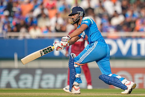 India's Ruturaj Gaikwad plays a shot during the third and final One Day International (ODI) cricket match of a series between India and West Indies, in Mullanpur, Saturday, Oct. 3, 2026. 
