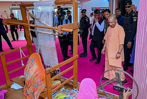 Uttar Pradesh Chief Minister Yogi Adityanath during the 50th International Carpet Fair, in Bhadohi district, Uttar Pradesh. 
