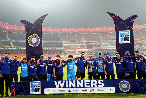 India's players pose for photographs with the series trophy after winning the One Day International (ODI) cricket series between India and West Indies, in Mullanpur, Saturday, Oct. 3, 2026.