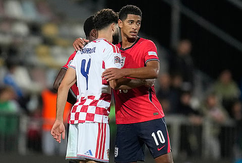 Croatia's Josko Gvardiol hugs England's Jude Bellingham after the Nations League soccer match between Croatia and England in Rijeka, Croatia, Saturday, Oct. 3, 2026. 
