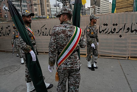 Iranian army cadets stand prior to start the opening ceremony of one of the military training centers for volunteers being set up throughout squares in downtown Tehran, Iran, Saturday, Oct. 3, 2026. 
