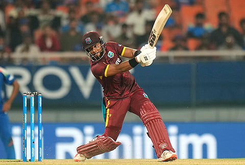 West Indies' Shai Hope plays a shot during the third and final One Day International (ODI) cricket match of a series between India and West Indies, in Mullanpur, Saturday, Oct. 3, 2026. 