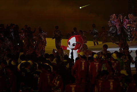 The Asian Games mascot, Honohon performs during the closing ceremony for the Asian Games in Nagoya, Japan, Sunday, Oct. 4, 2026.
