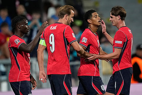 England players react after sixth goal during the Nations League soccer match between Croatia and England in Rijeka, Croatia, Saturday, Oct. 3, 2026. 