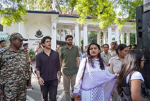 Cockroach Janta Party (CJP) chief spokesperson Saurav Das, and other leaders, leave Sansad Marg Police Station, in New Delhi.
