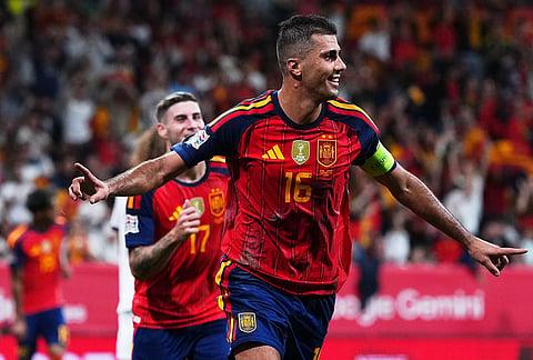 Spain's Rodri celebrates after scoring his sides first goal during the UEFA Nations League soccer match between Spain and Czechia in Oviedo, Spain, Saturday, Oct. 3, 2026.
