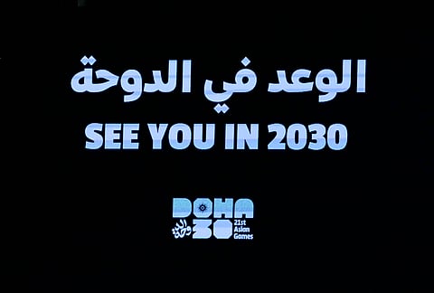 A display board carrying a message "SEE YOU IN 2030, for the Qatar Asian Games during the closing ceremony of Asian Games, marking the conclusion of the 20th Asian Games, in Nagoya, Japan, Sunday, Oct. 4, 2026. 
