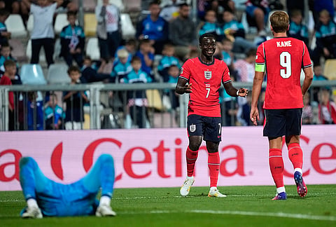 England's Bukayo Saka and Harry Kane react after Saka scored his side's sixth goal during the Nations League soccer match between Croatia and England in Rijeka, Croatia, Saturday, Oct. 3, 2026. 