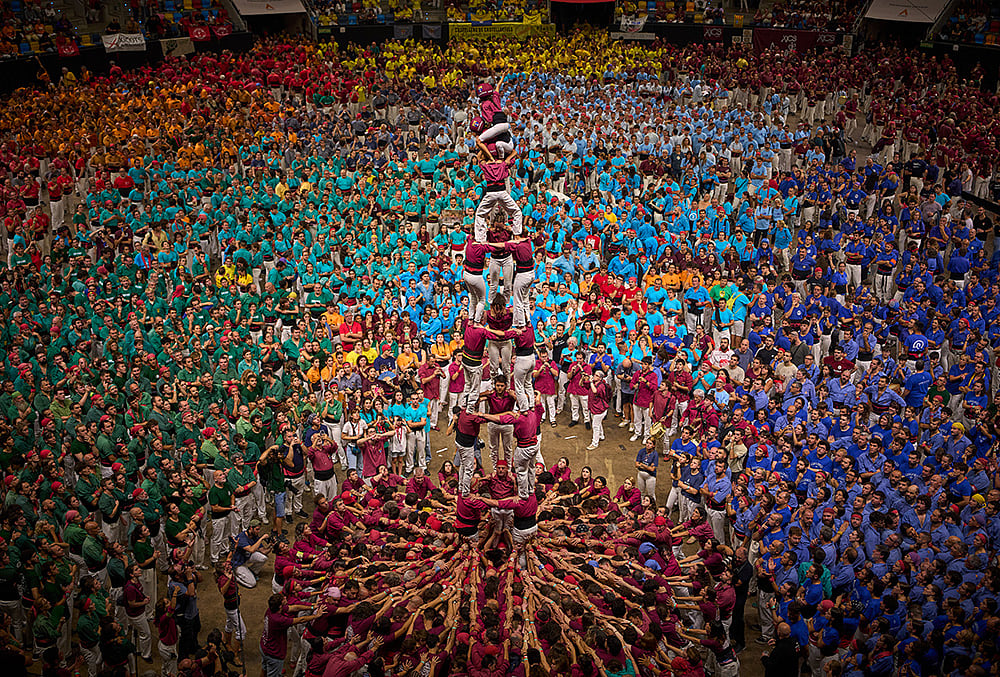 Members of Castellers de Lleida form a "castell" human tower during the 30th Concurs de Castells, or Human Tower Competition, in Tarragona, Spain, Saturday, Oct. 5, 2026. 
 - | Photo: AP/Emilio Morenatti