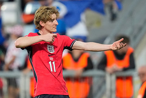 England's Anthony Gordon celebrates after scoring thrid goal during the Nations League soccer match between Croatia and England in Rijeka, Croatia, Saturday, Oct. 3, 2026. 