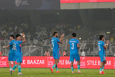 India's players applause the spectators after losing an International friendly Football match between India and Brazil, in Kolkata, Saturday, Oct. 3, 2026. 
