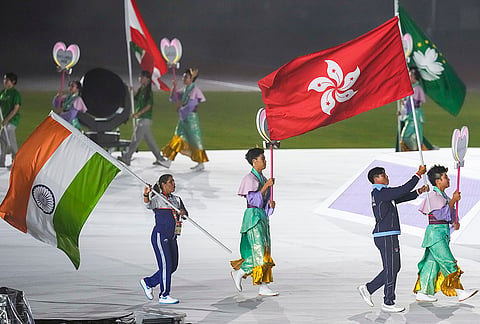 India’s flag bearer Neeru Dhanda and others during the closing ceremony, marking the conclusion of the 20th Asian Games, in Nagoya, Japan, Sunday, Oct. 4, 2026. 