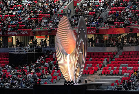 The cauldron ahead of the closing ceremony for the Asian Games in Nagoya, Japan, Sunday, Oct. 4, 2026. 