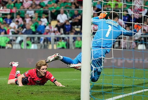 England's Anthony Gordon scores his side's third goal during the Nations League soccer match between Croatia and England in Rijeka, Croatia, Saturday, Oct. 3, 2026. 
