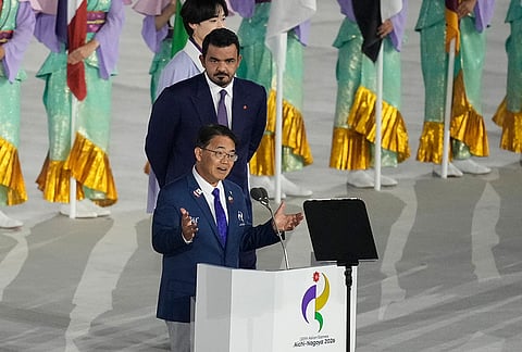 President of the Aichi-Nagoya Asian Games Hideaki Ohmura speaks during the closing ceremony for the Asian Games in Nagoya, Japan, Sunday, Oct. 4, 2026. 