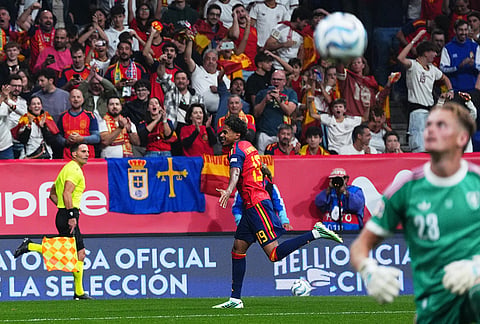 Spain's Lamine Yamal runs to celebrate after scoring his sides first goal during the UEFA Nations League soccer match between Spain and Czechia in Oviedo, Spain, Saturday, Oct. 3, 2026. 

