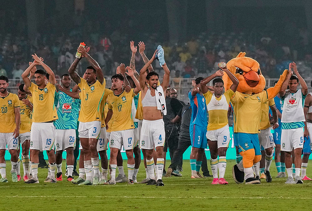Brazil's players applause the spectators after winning an International friendly Football match between India and Brazil, in Kolkata, Saturday, Oct. 3, 2026.  - | Photo: PTI/Swapan Mahapatra