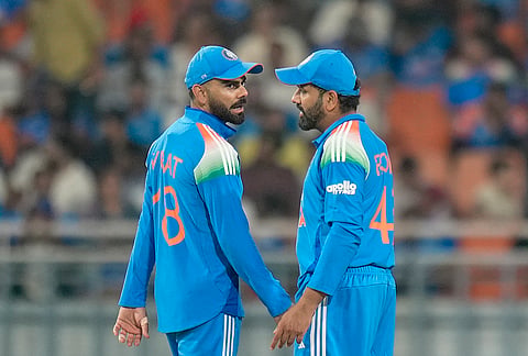 India's Virat Kohli, left, and Rohit Sharma during the third and final One Day International (ODI) cricket match of a series between India and West Indies, in Mullanpur, Saturday, Oct. 3, 2026. 