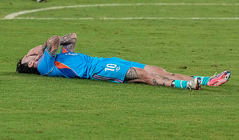 India's Ryan Williams lies on the ground during an International friendly Football match between India and Brazil, in Kolkata, Saturday, Oct. 3, 2026. 
