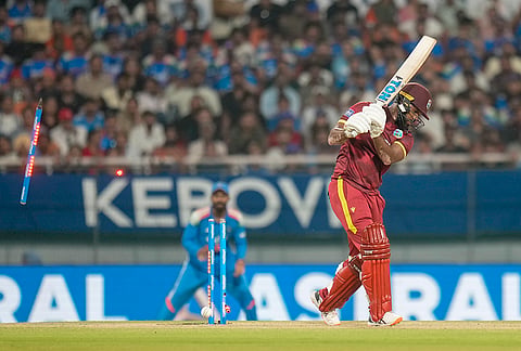 West Indies' John Campbell gets bowled by India's Mohammed Siraj during the third and final One Day International (ODI) cricket match of a series between India and West Indies, in Mullanpur, Saturday, Oct. 3, 2026. 